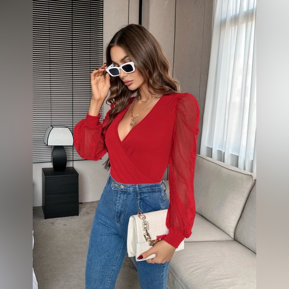 Womens Tops Deep V Neck Cross Wrap Sexy Tops Polka Dot Mesh Long Sleeve T Shirt